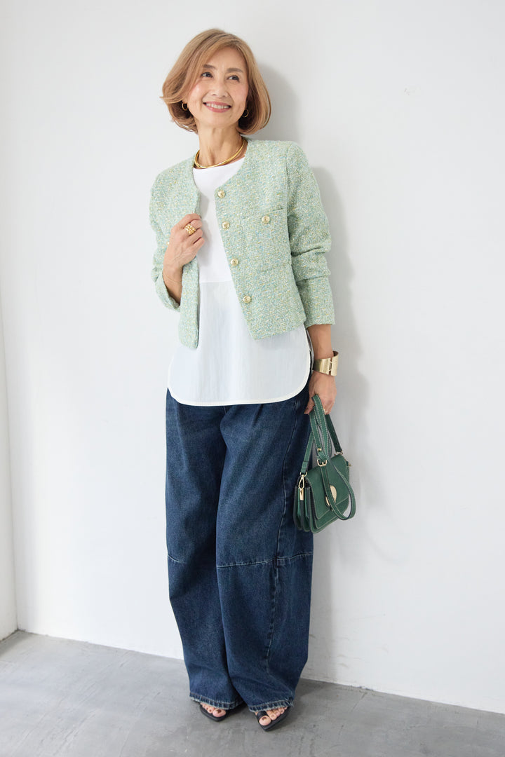 [SET]ツイードノーカラーショートジャケット+カーブデニムパンツ(2set)