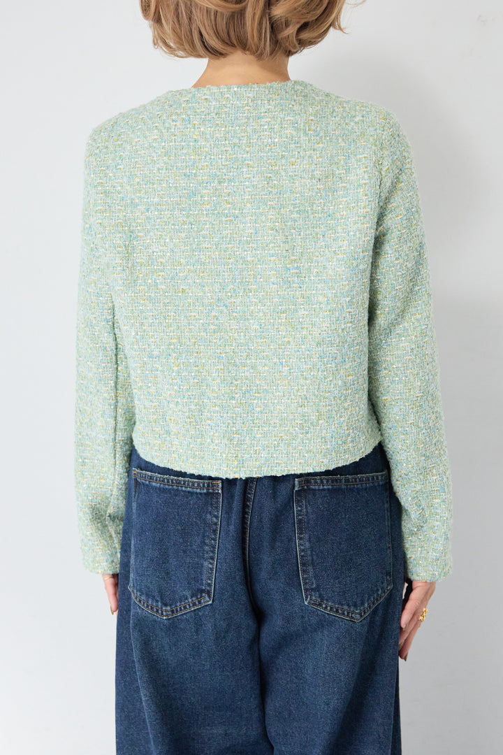 [SET]ツイードノーカラーショートジャケット+カーブデニムパンツ(2set)