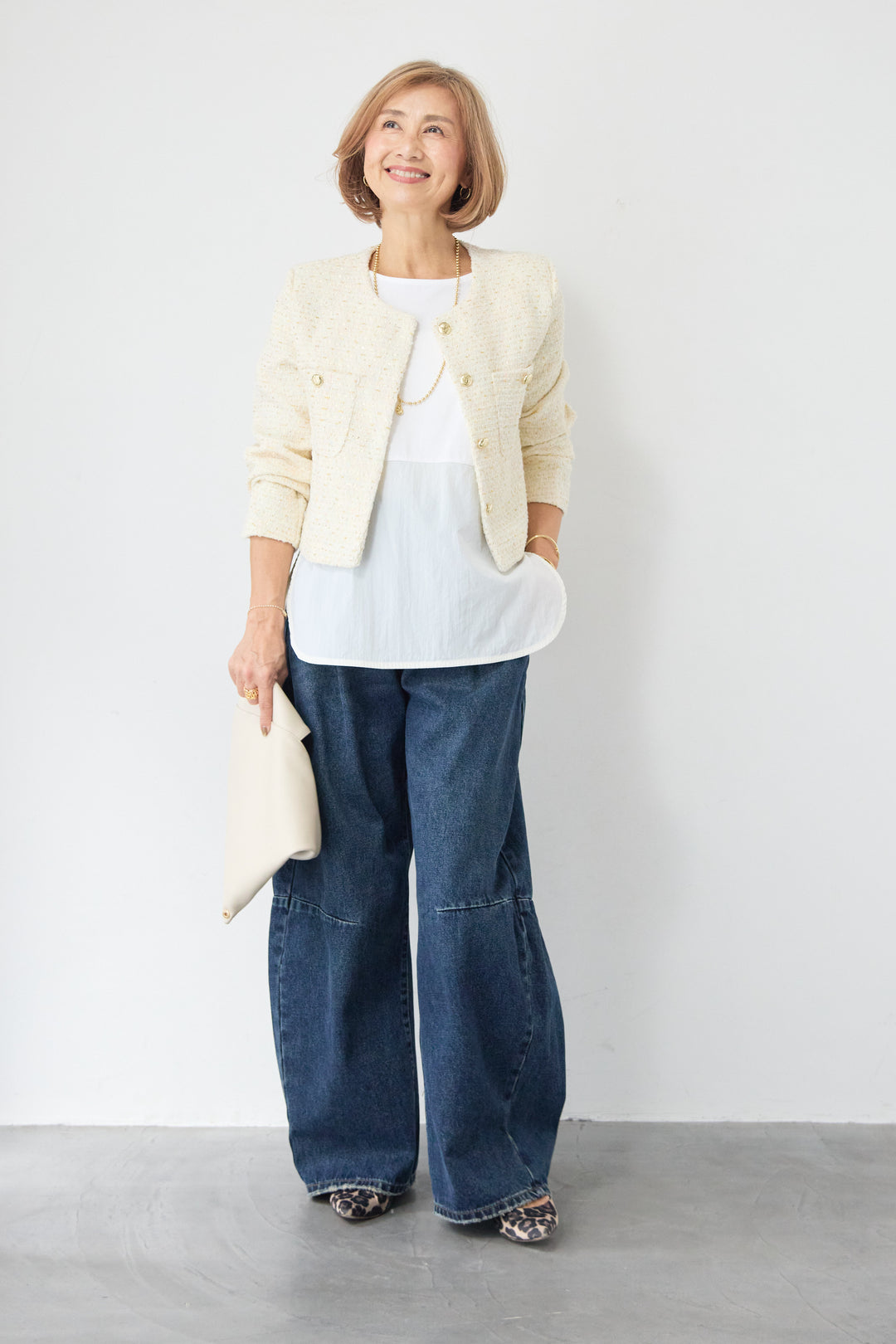 [SET]ツイードノーカラーショートジャケット+カーブデニムパンツ(2set)