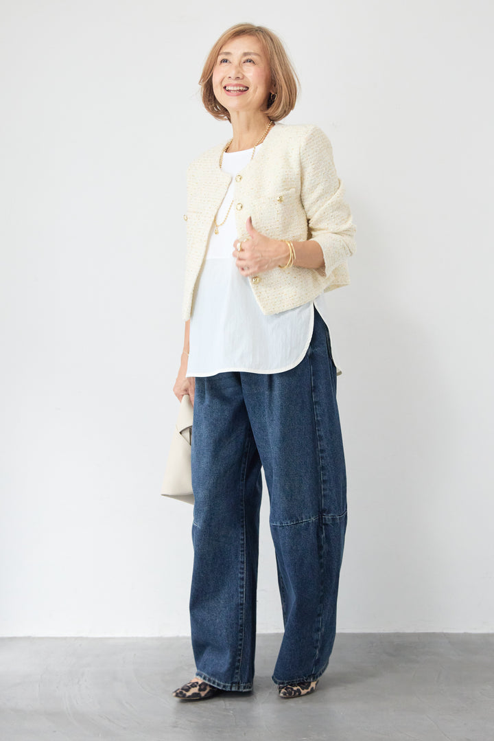 [SET]ツイードノーカラーショートジャケット+カーブデニムパンツ(2set)