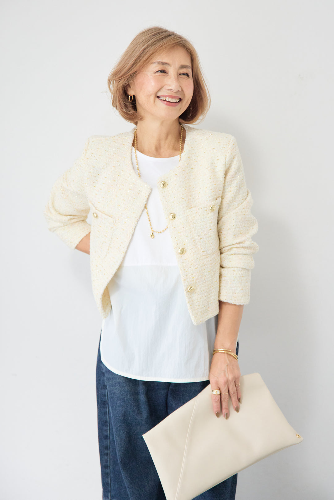 [SET]ツイードノーカラーショートジャケット+カーブデニムパンツ(2set)