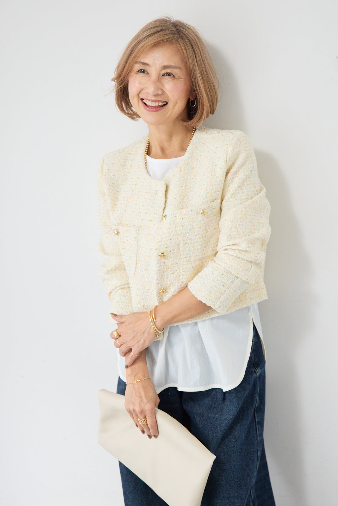 [SET]ツイードノーカラーショートジャケット+カーブデニムパンツ(2set)