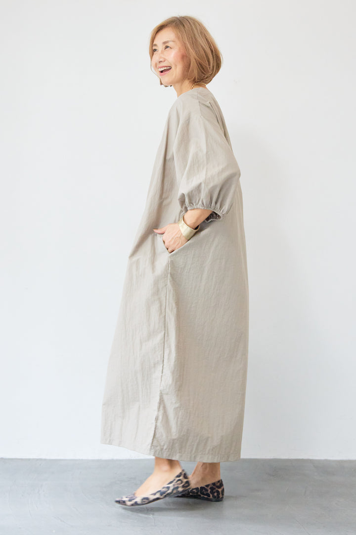 ワッシャー加工 Vネック パフスリーブ ロングワンピース