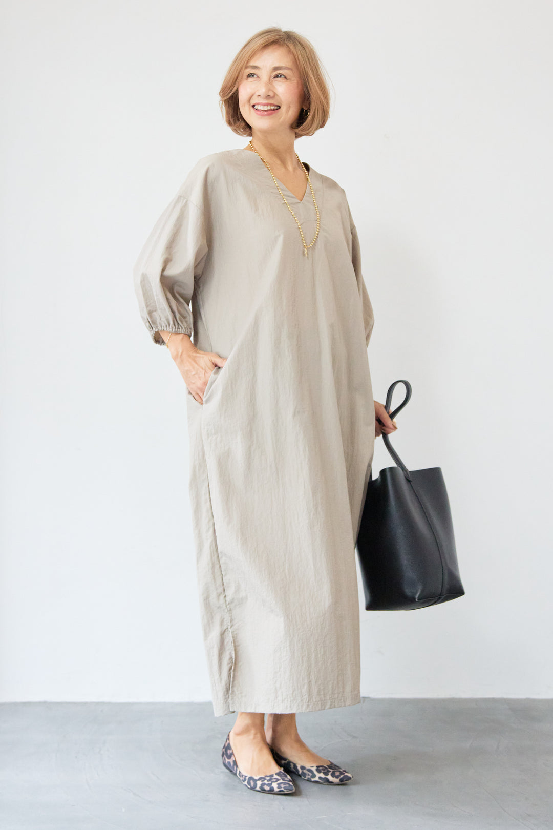 ワッシャー加工 Vネック パフスリーブ ロングワンピース