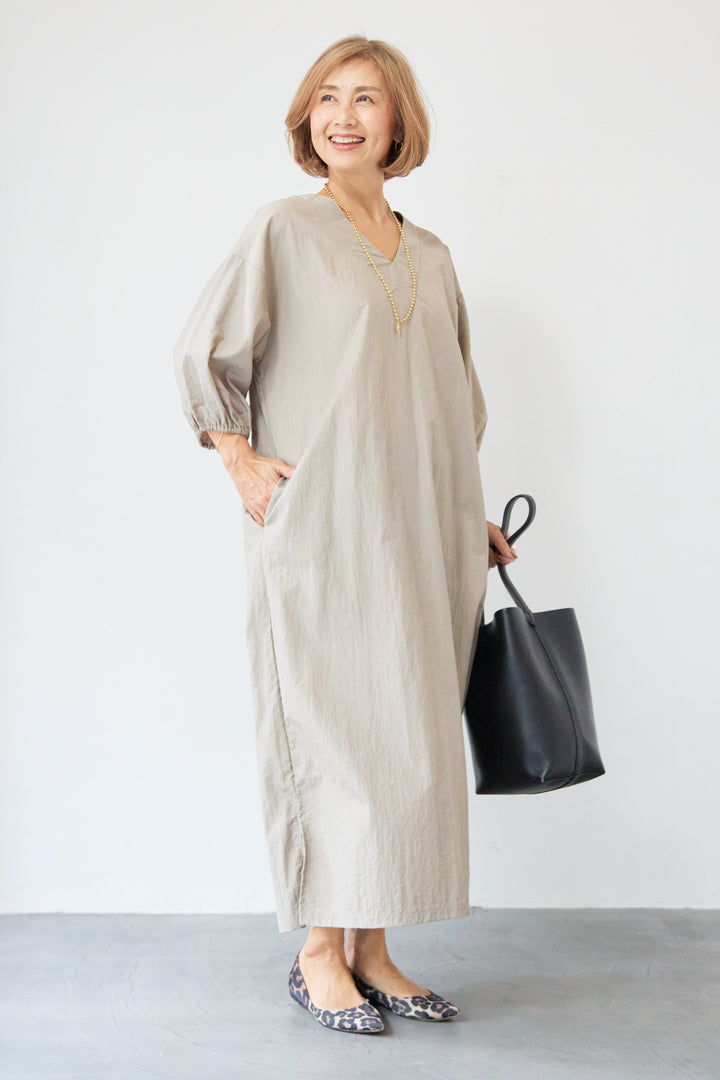 ワッシャー加工 Vネック パフスリーブ ロングワンピース