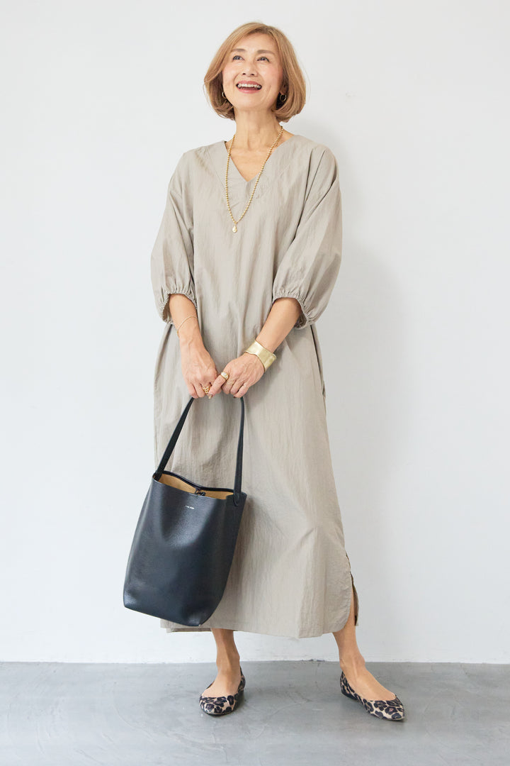 ワッシャー加工 Vネック パフスリーブ ロングワンピース