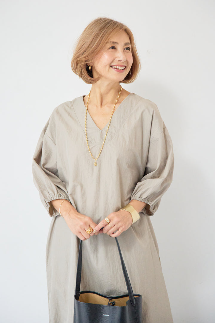 ワッシャー加工 Vネック パフスリーブ ロングワンピース