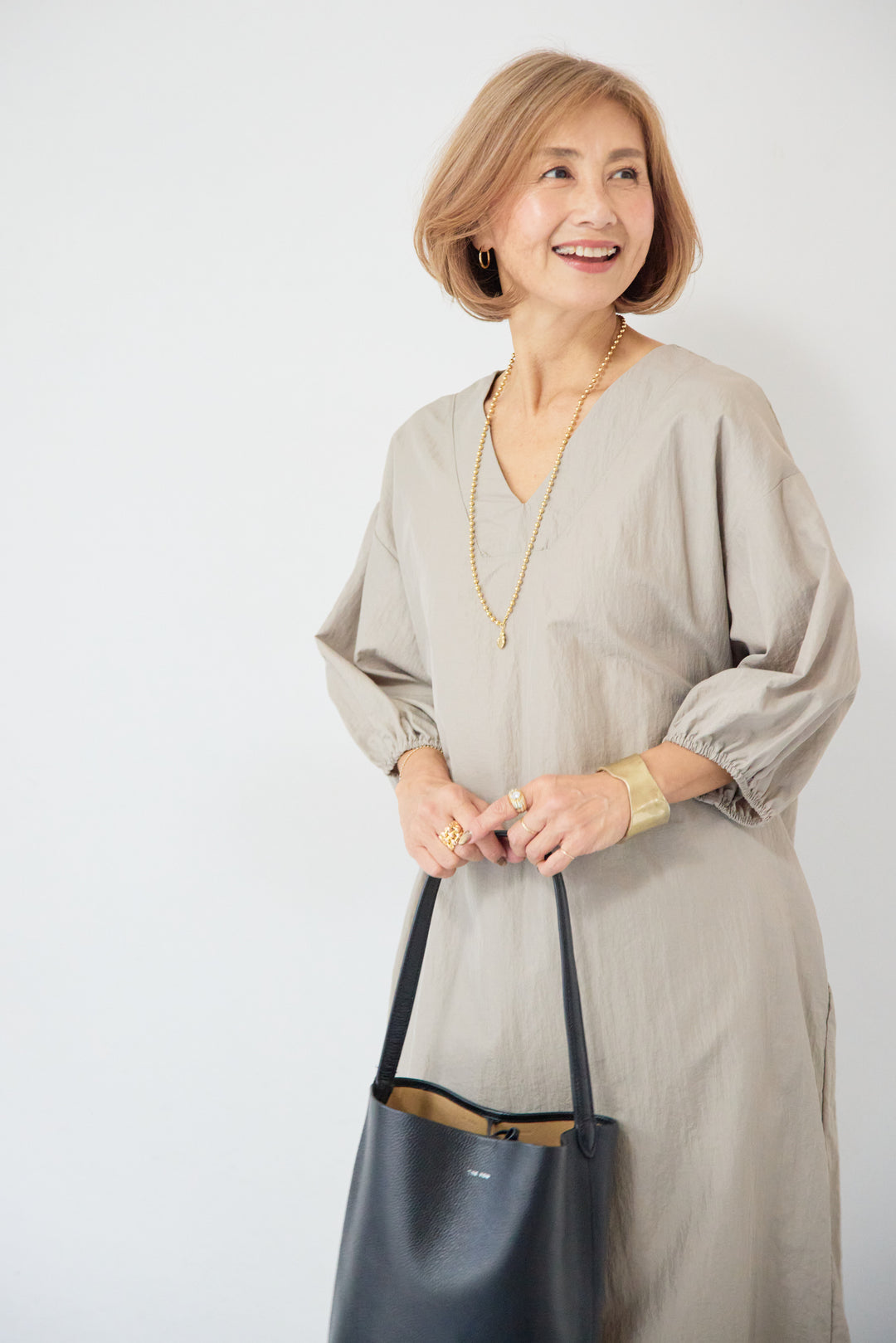 ワッシャー加工 Vネック パフスリーブ ロングワンピース