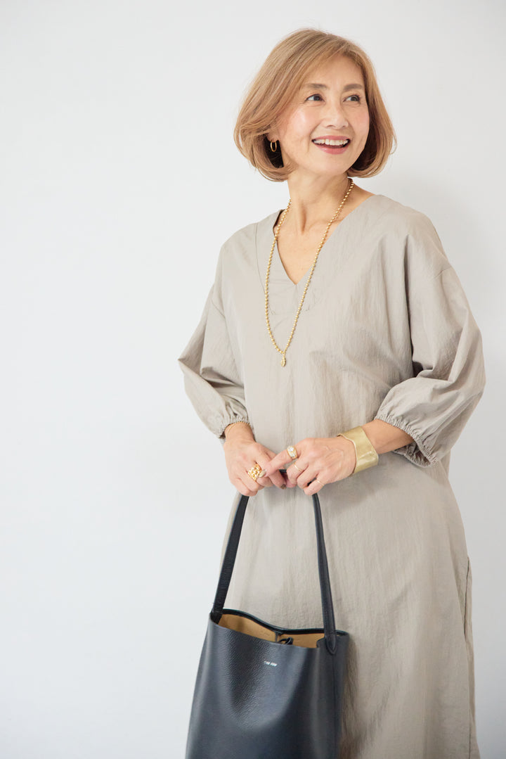 ワッシャー加工 Vネック パフスリーブ ロングワンピース