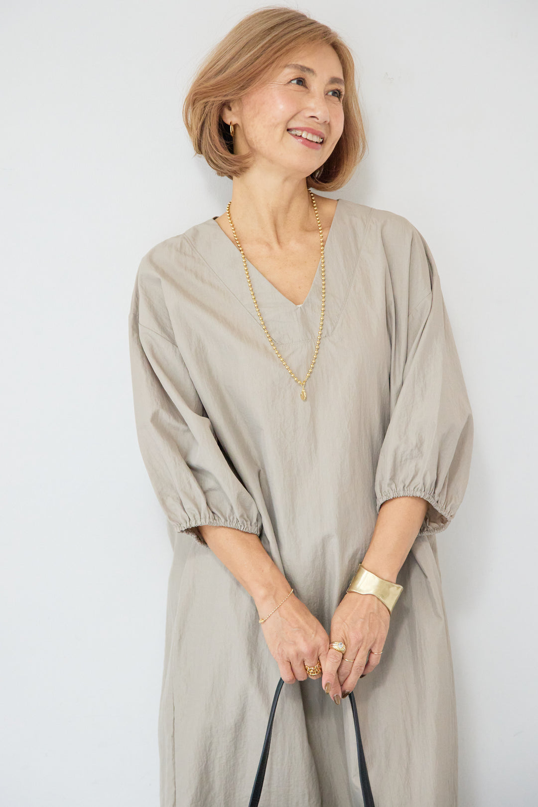 ワッシャー加工 Vネック パフスリーブ ロングワンピース