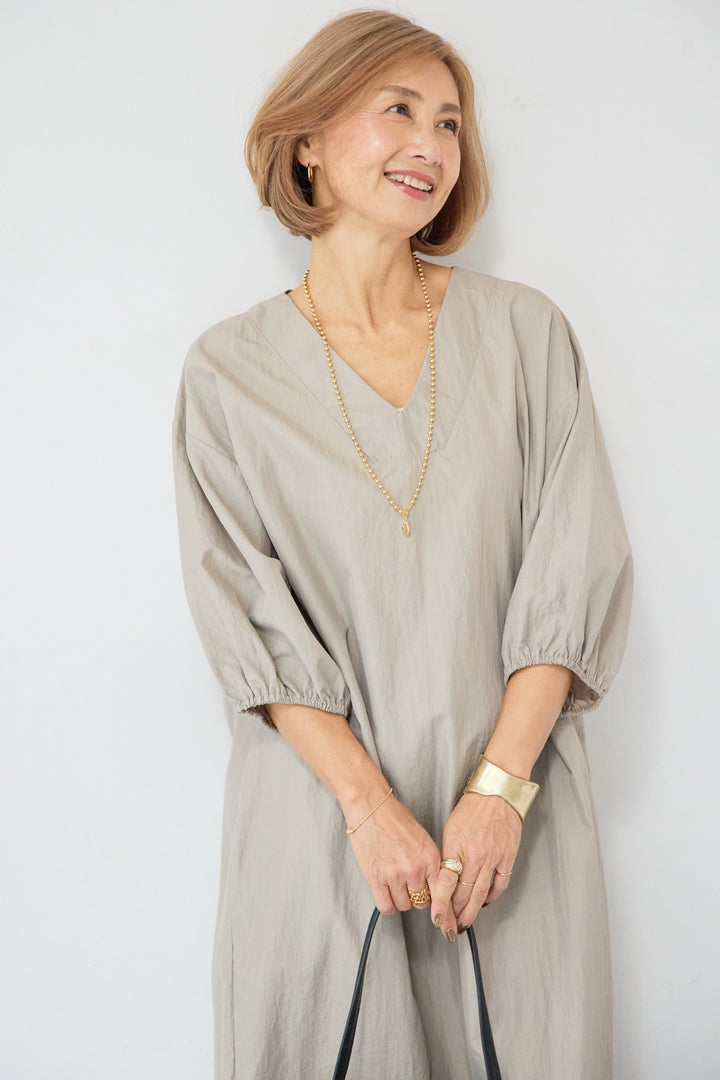 ワッシャー加工 Vネック パフスリーブ ロングワンピース
