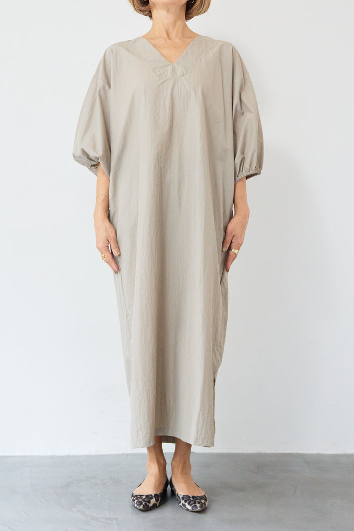 ワッシャー加工 Vネック パフスリーブ ロングワンピース