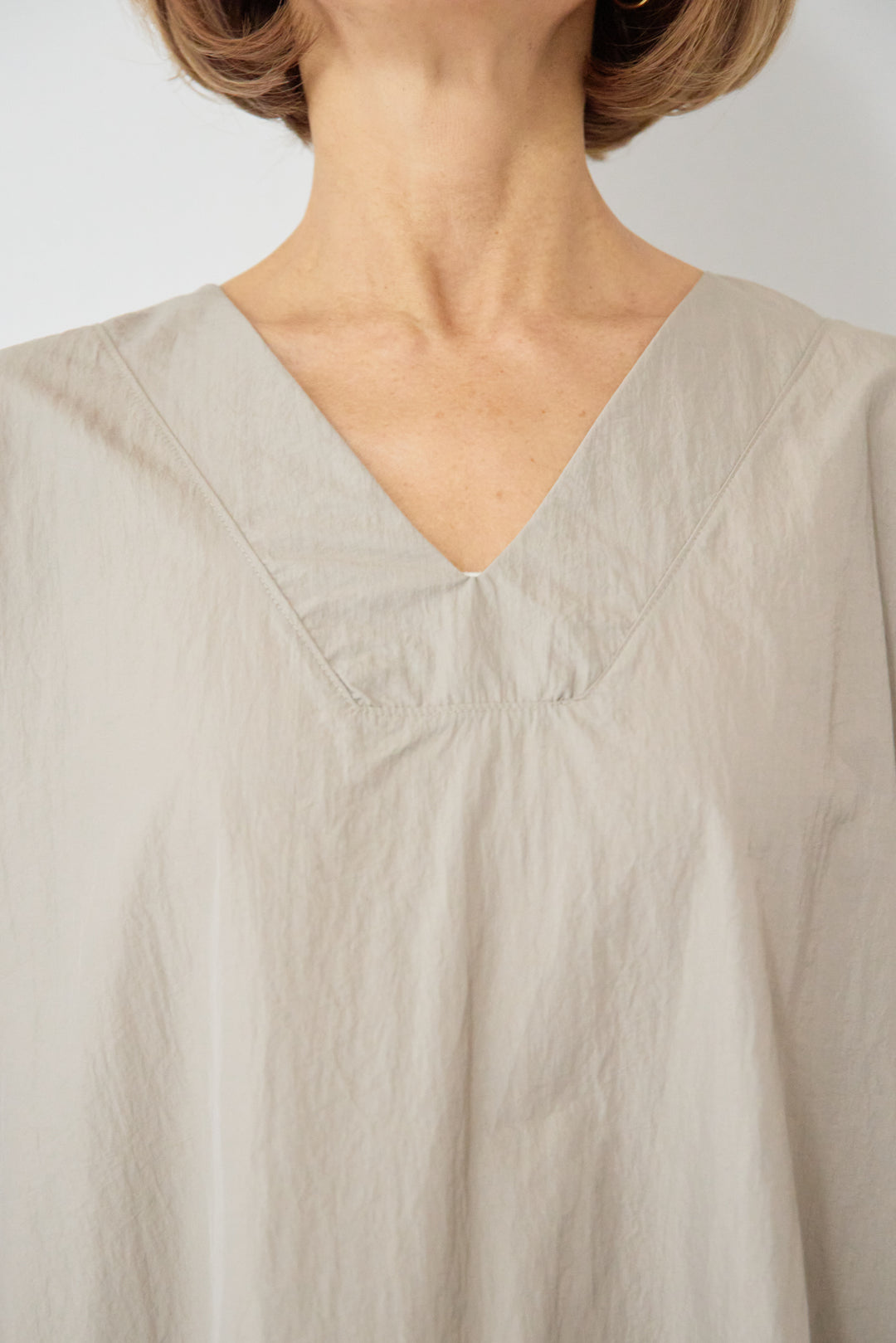 ワッシャー加工 Vネック パフスリーブ ロングワンピース