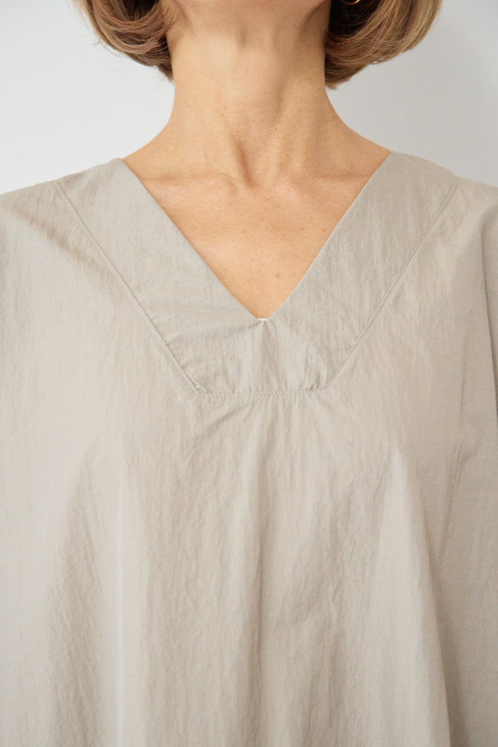 ワッシャー加工 Vネック パフスリーブ ロングワンピース