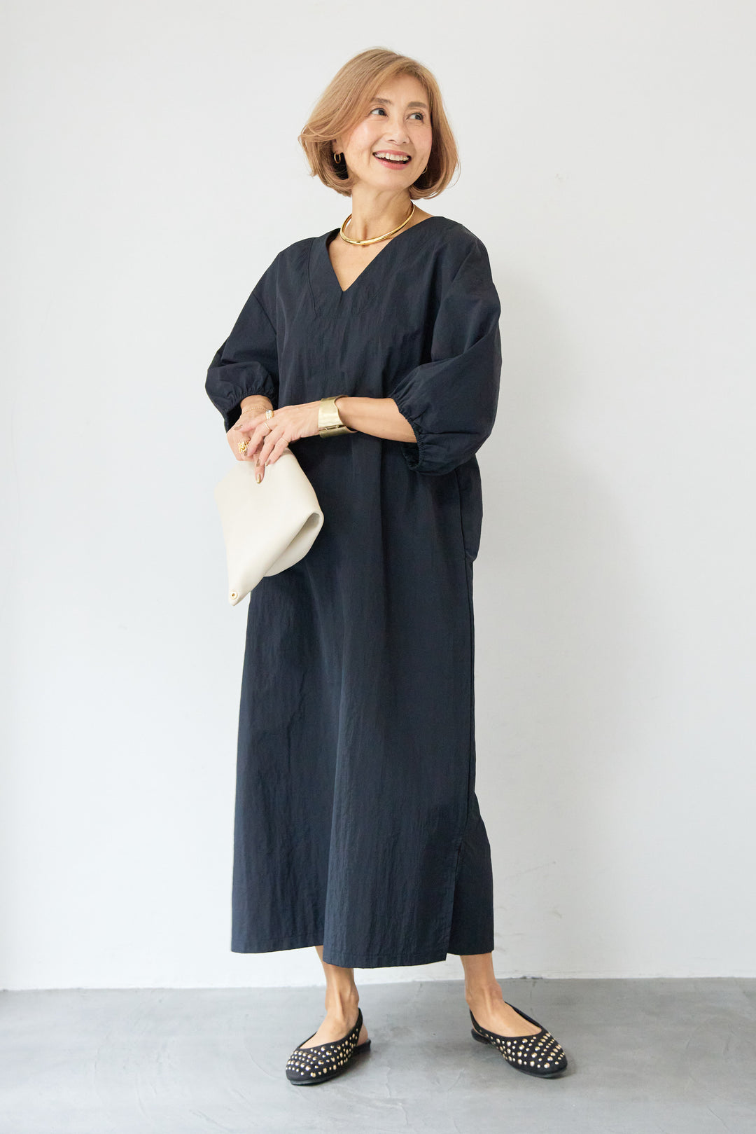 ワッシャー加工 Vネック パフスリーブ ロングワンピース