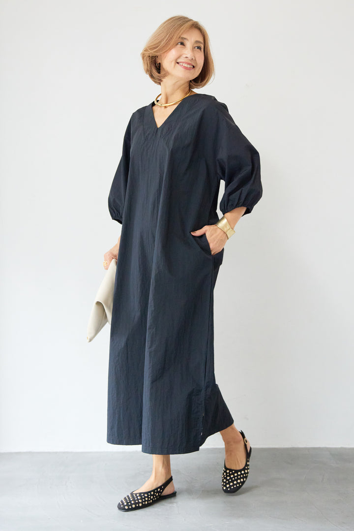 ワッシャー加工 Vネック パフスリーブ ロングワンピース
