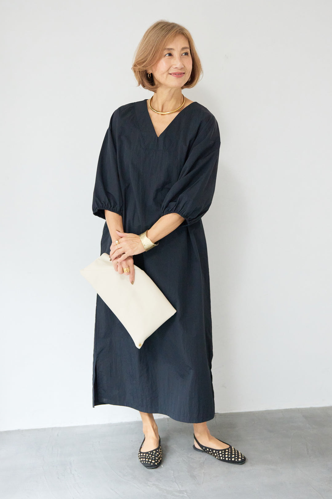 ワッシャー加工 Vネック パフスリーブ ロングワンピース