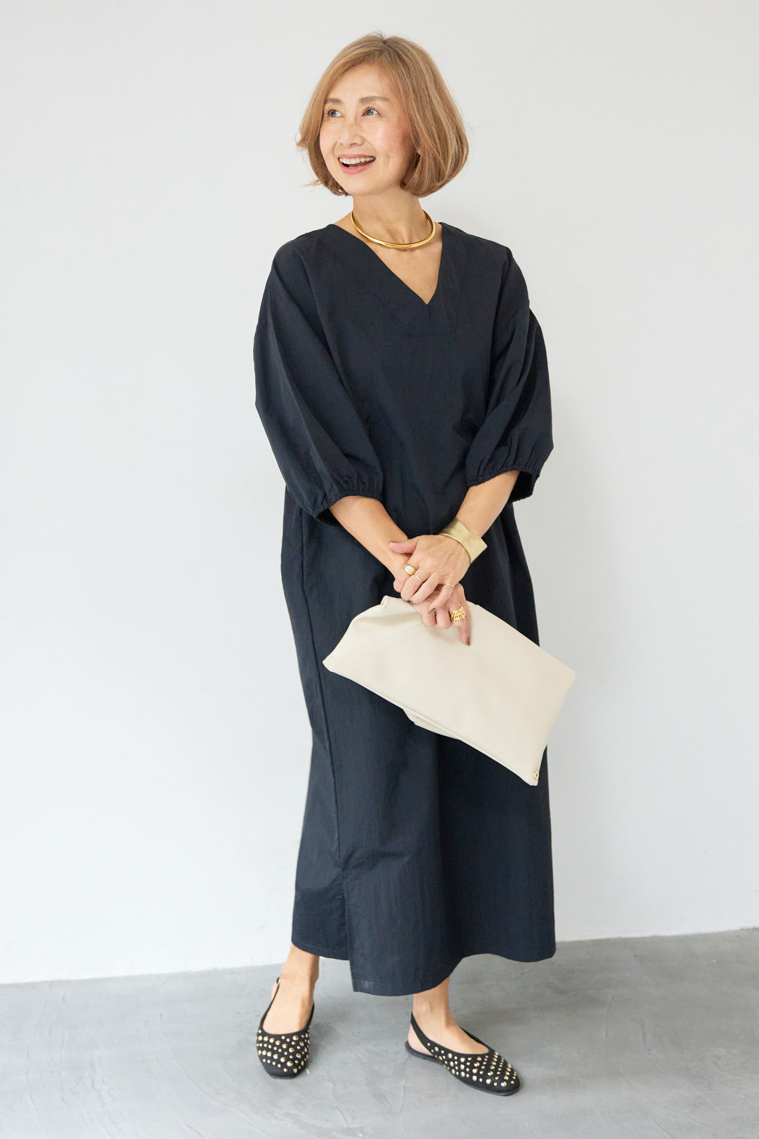 ワッシャー加工 Vネック パフスリーブ ロングワンピース