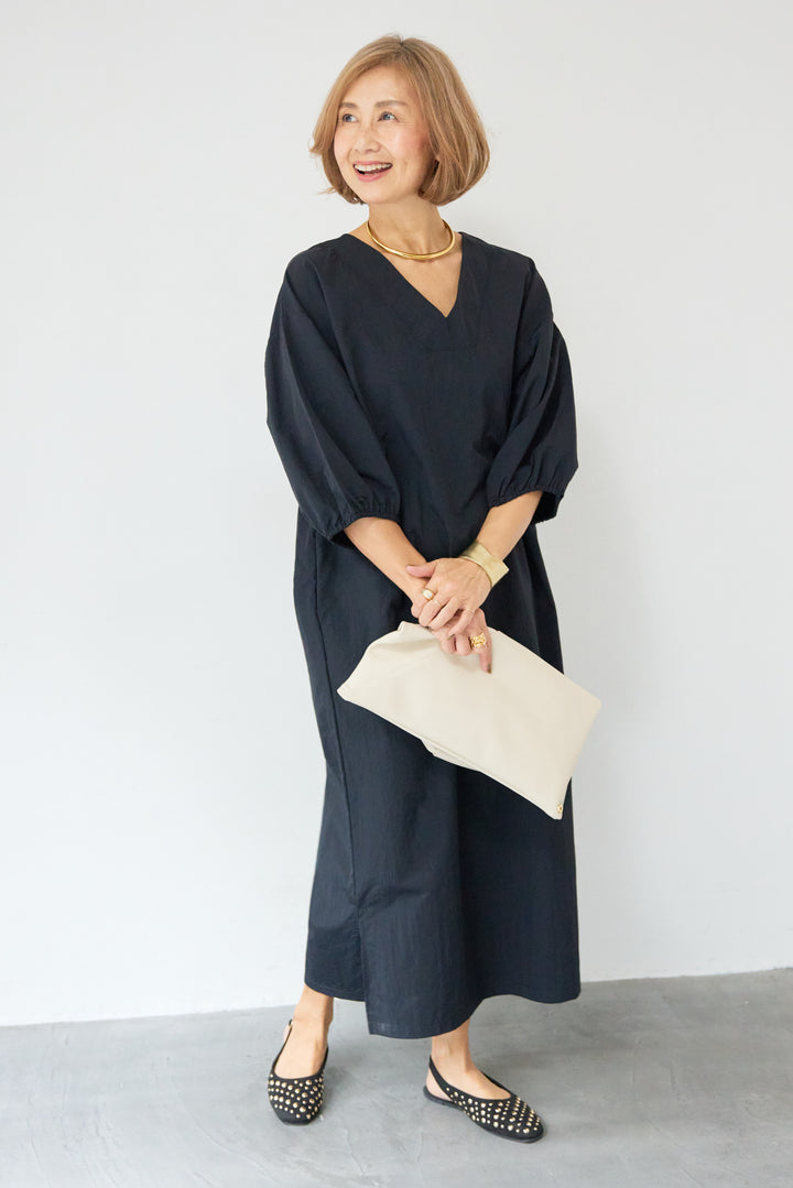 ワッシャー加工 Vネック パフスリーブ ロングワンピース