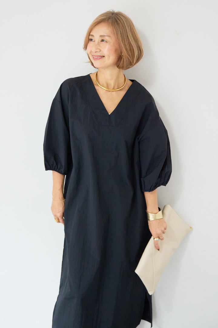 ワッシャー加工 Vネック パフスリーブ ロングワンピース