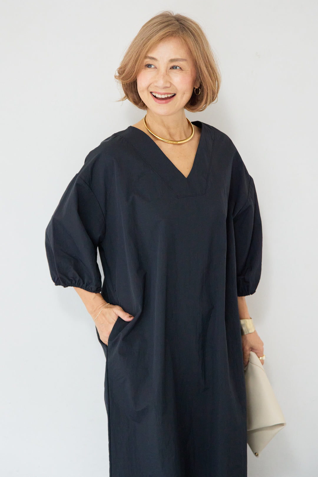 ワッシャー加工 Vネック パフスリーブ ロングワンピース