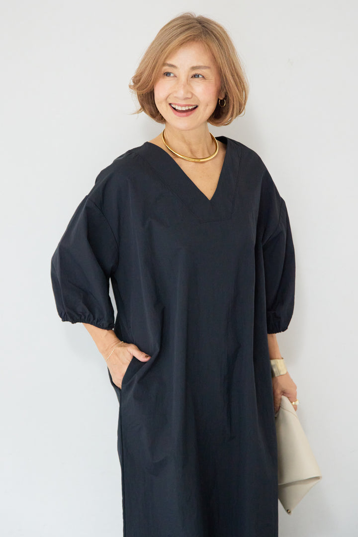 ワッシャー加工 Vネック パフスリーブ ロングワンピース