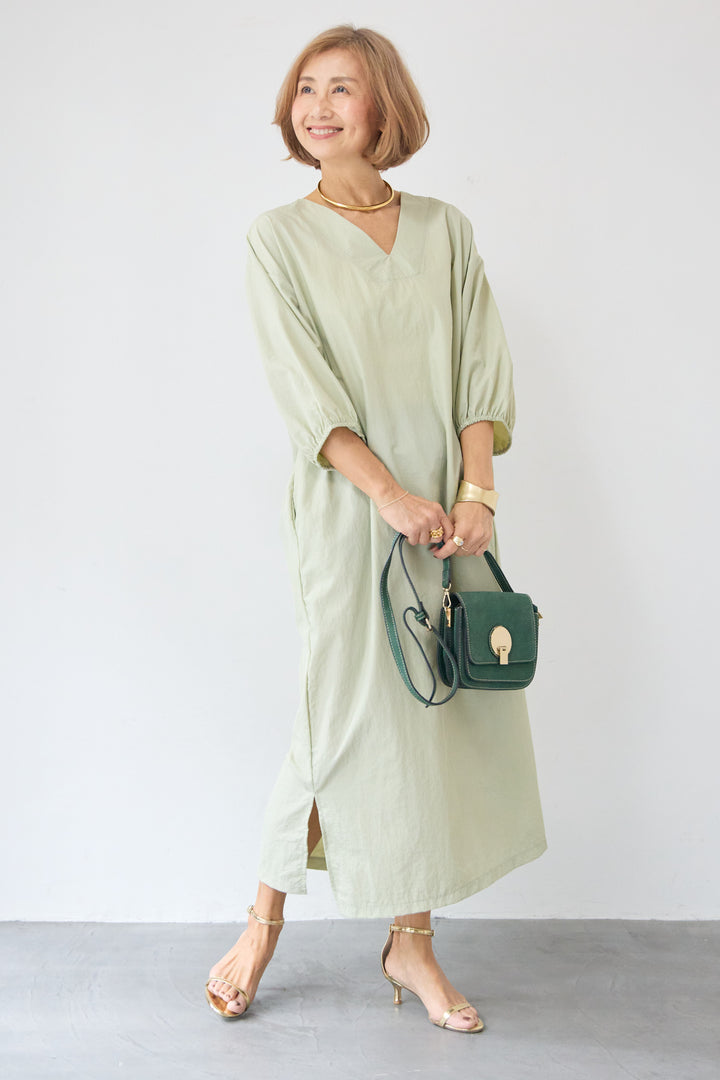 ワッシャー加工 Vネック パフスリーブ ロングワンピース