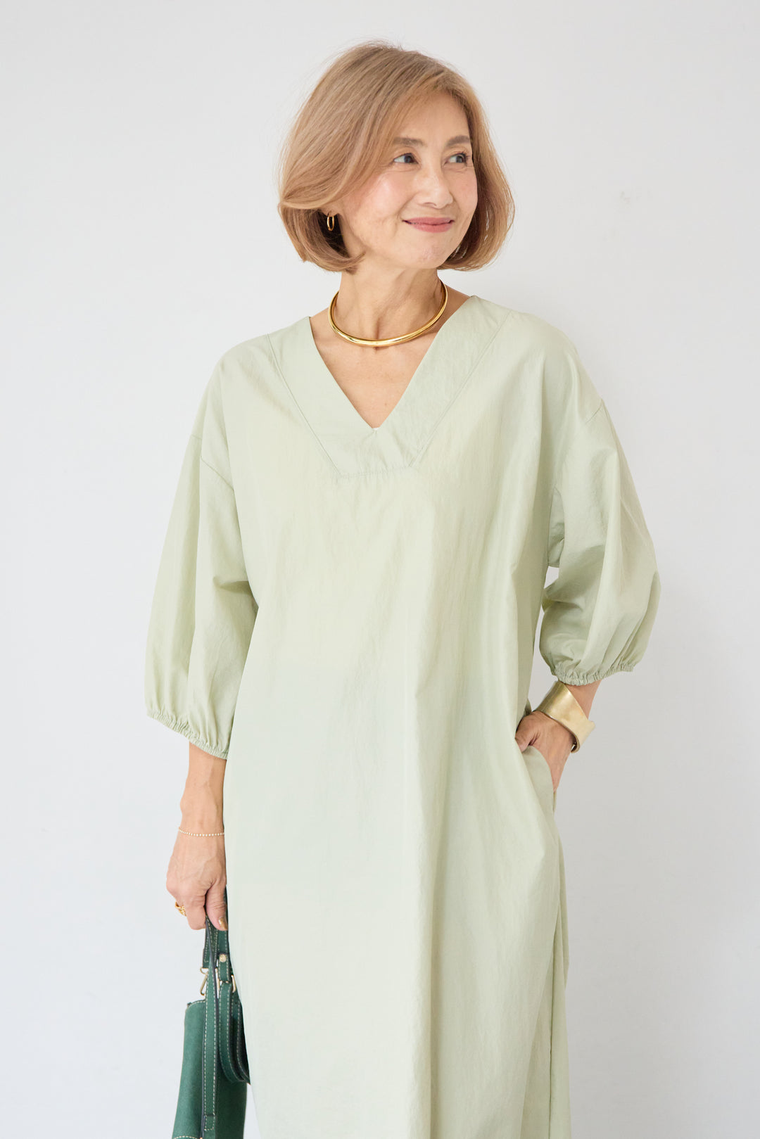 ワッシャー加工 Vネック パフスリーブ ロングワンピース