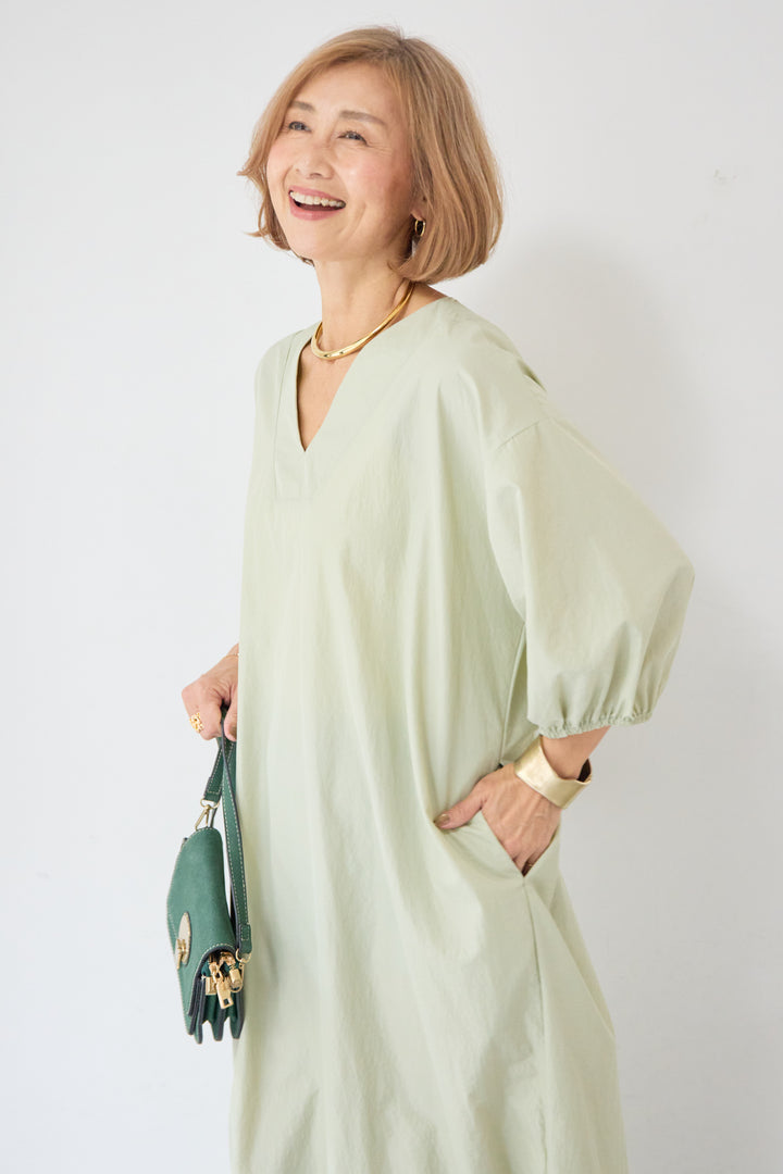 ワッシャー加工 Vネック パフスリーブ ロングワンピース