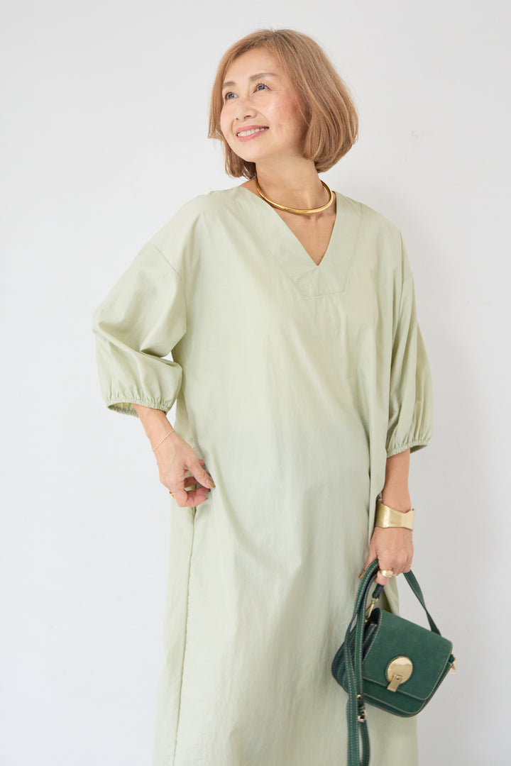 ワッシャー加工 Vネック パフスリーブ ロングワンピース