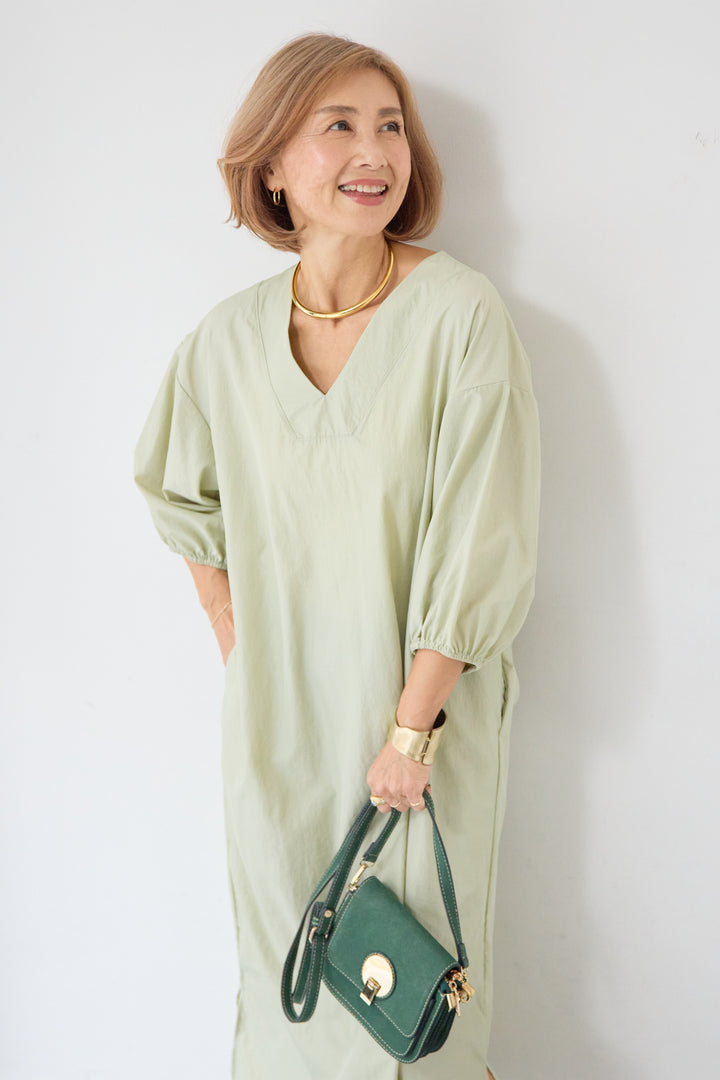 ワッシャー加工 Vネック パフスリーブ ロングワンピース