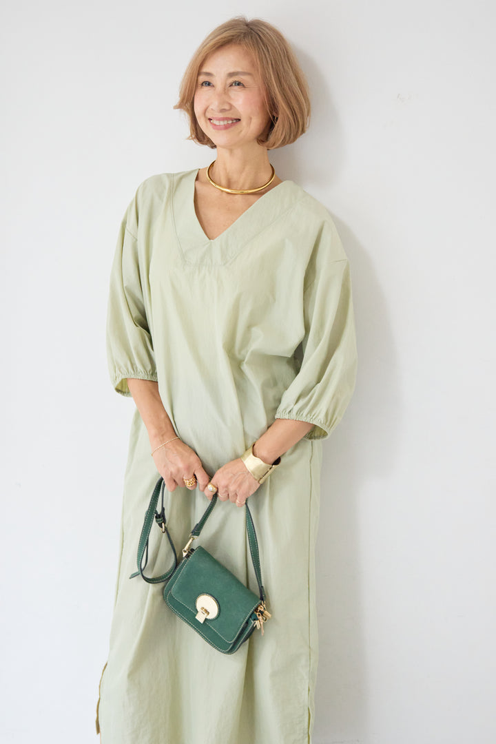 ワッシャー加工 Vネック パフスリーブ ロングワンピース