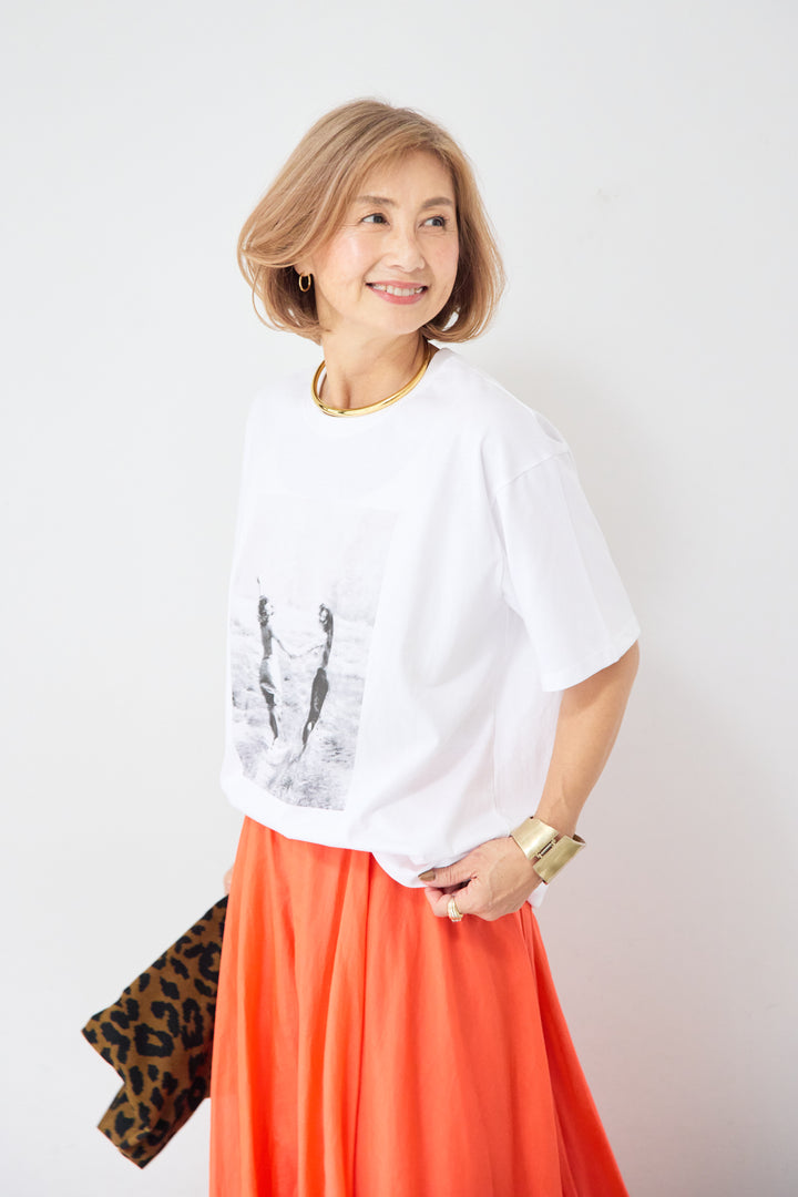 プリント クルーネック コットンTシャツ