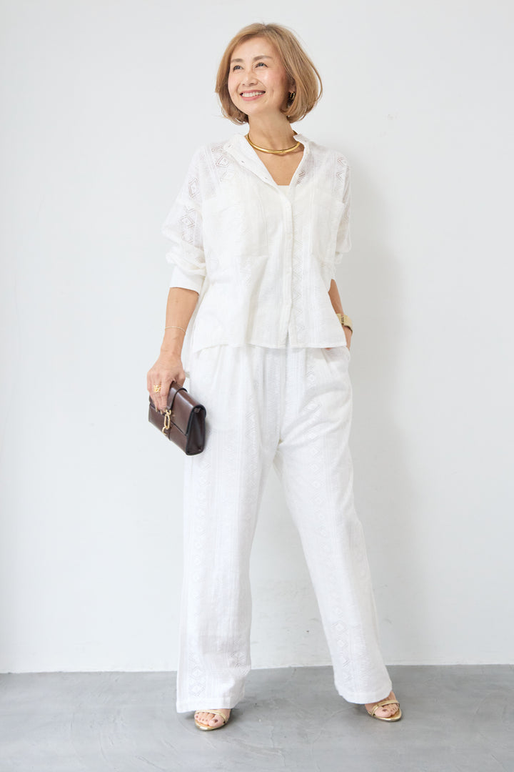 コットン幾何学レース ドビーワイドパンツ