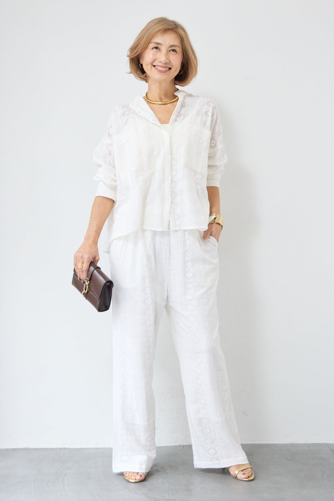 コットン幾何学レース ドビーワイドパンツ