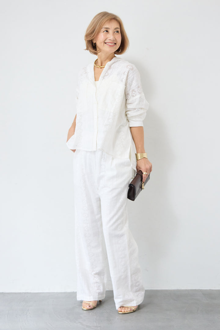 [SET]コットン幾何学レース ドビーシャツ+コットン幾何学レース ドビーワイドパンツ(2set)