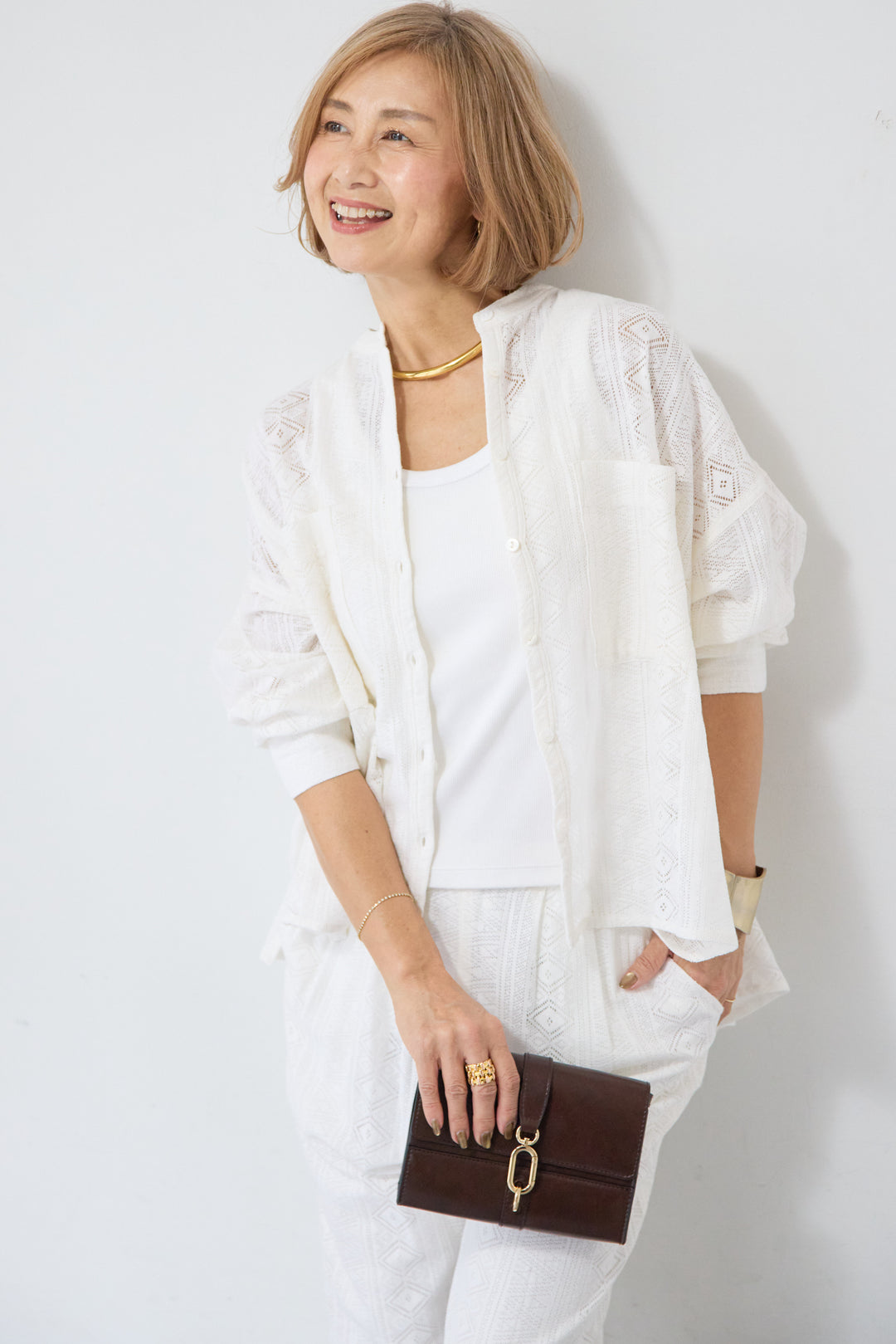 [SET]コットン幾何学レース ドビーシャツ+コットン幾何学レース ドビーワイドパンツ(2set)