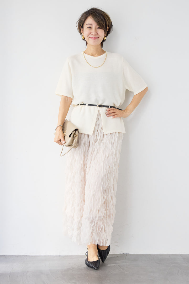 【2SET】ウエストベルトニット+ウエーブプリーツチュールスカート