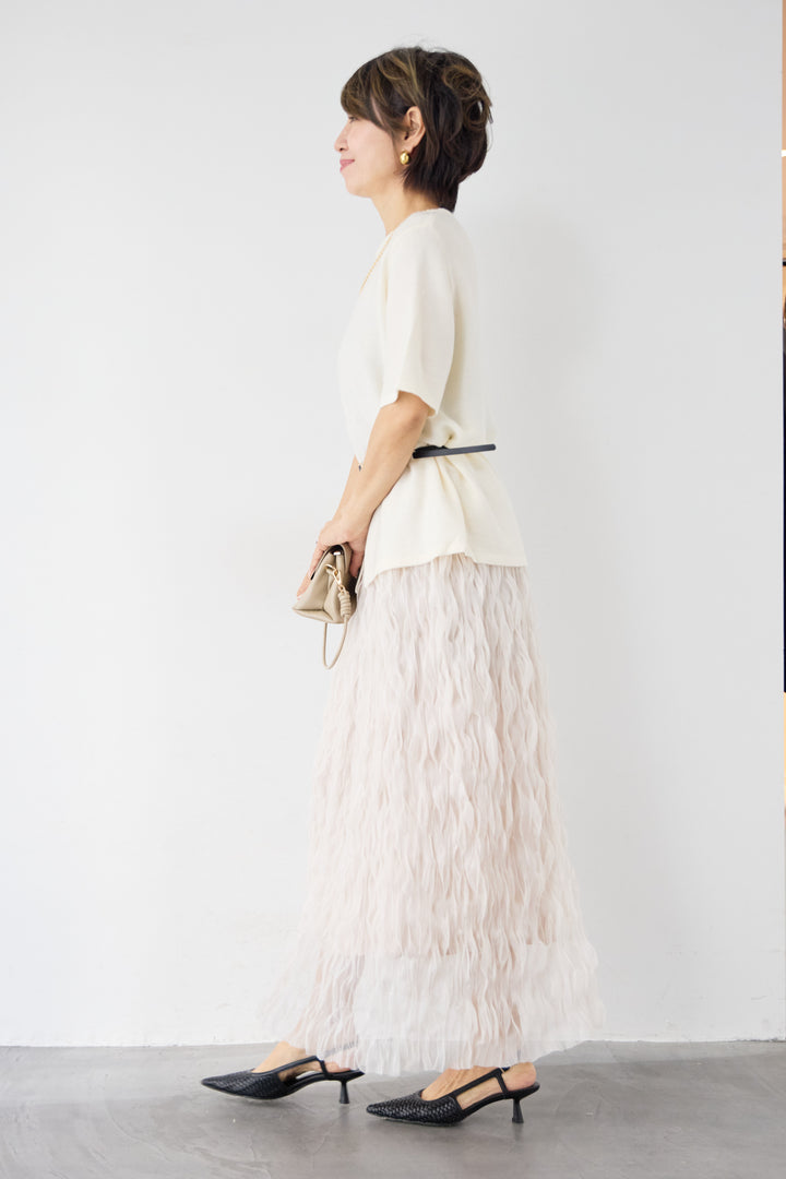 【2SET】ウエストベルトニット+ウエーブプリーツチュールスカート