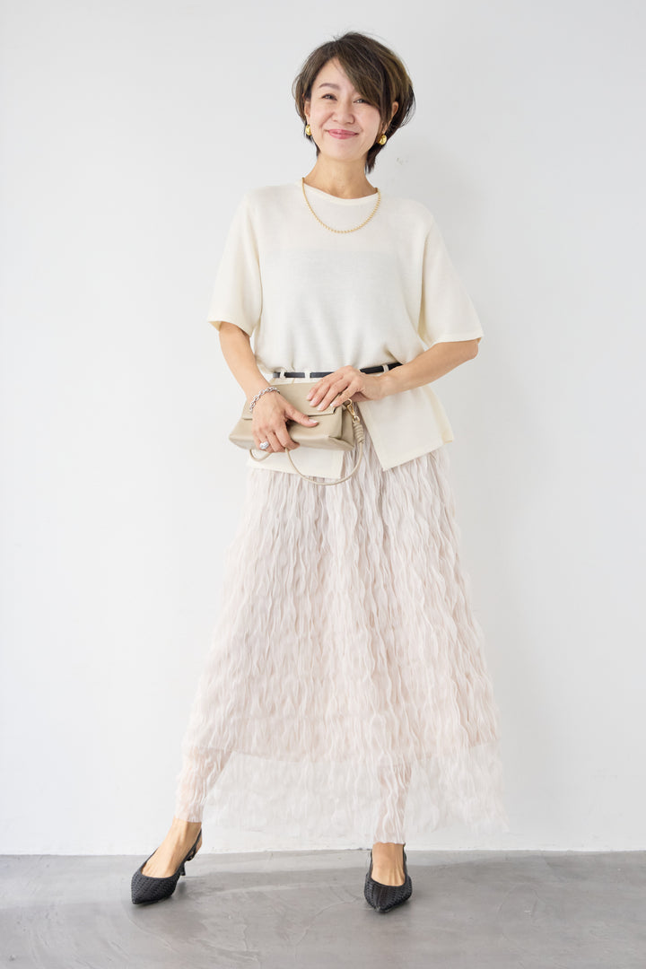 【2SET】ウエストベルトニット+ウエーブプリーツチュールスカート