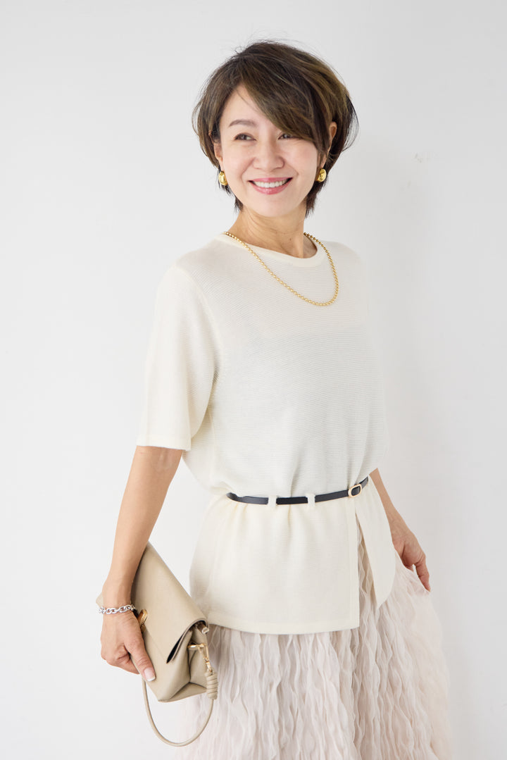 【2SET】ウエストベルトニット+ウエーブプリーツチュールスカート