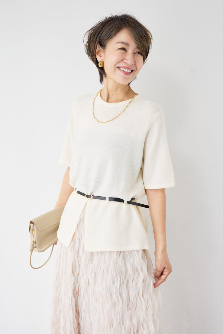 【2SET】ウエストベルトニット+ウエーブプリーツチュールスカート