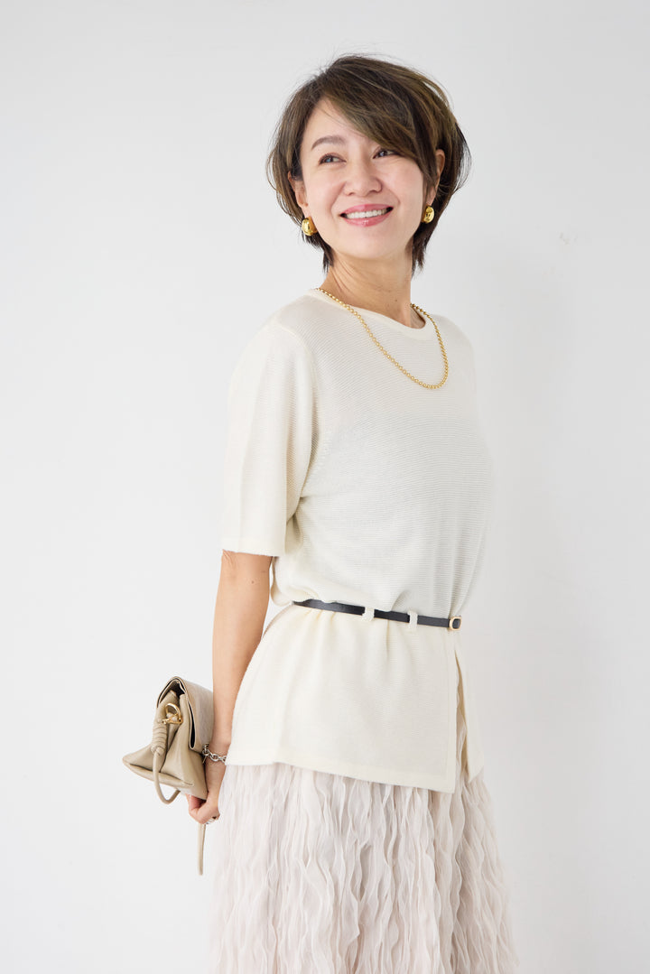 【2SET】ウエストベルトニット+ウエーブプリーツチュールスカート
