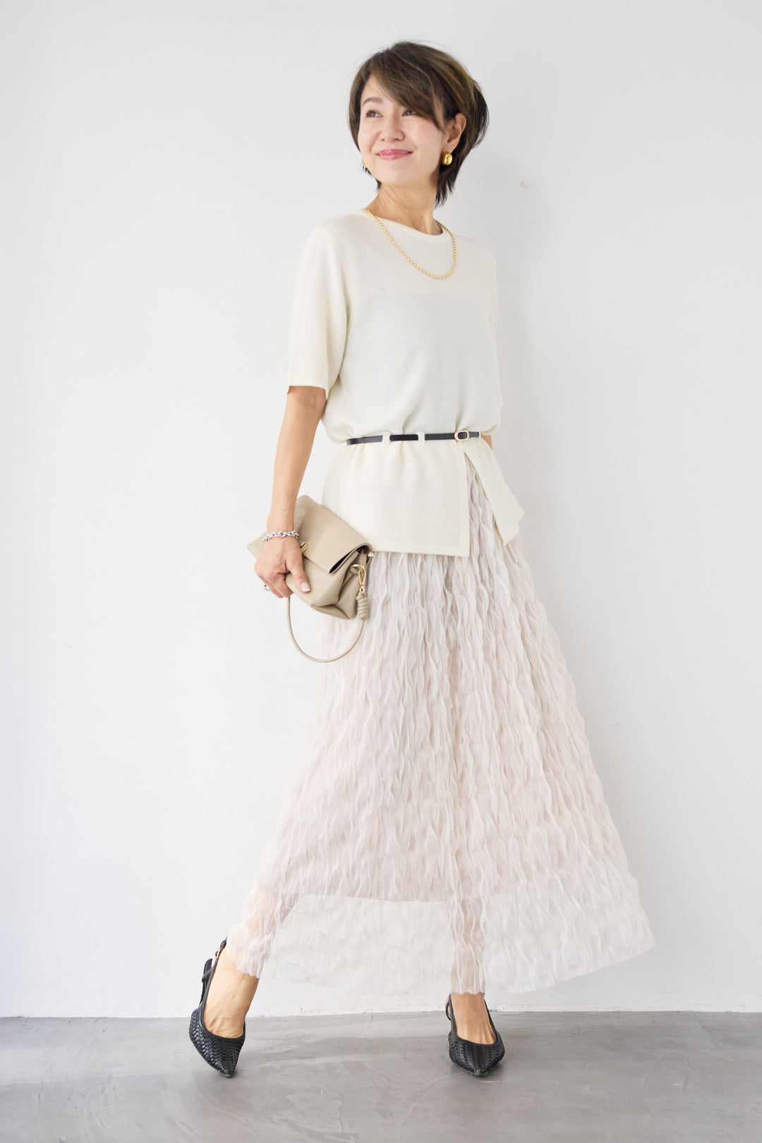 【2SET】ウエストベルトニット+ウエーブプリーツチュールスカート