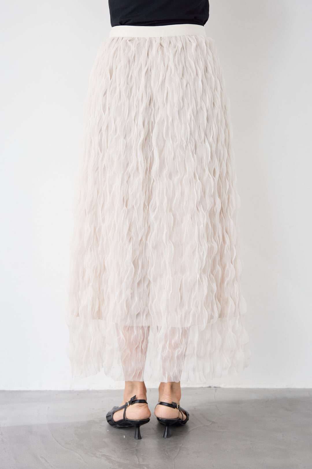 【2SET】ウエストベルトニット+ウエーブプリーツチュールスカート