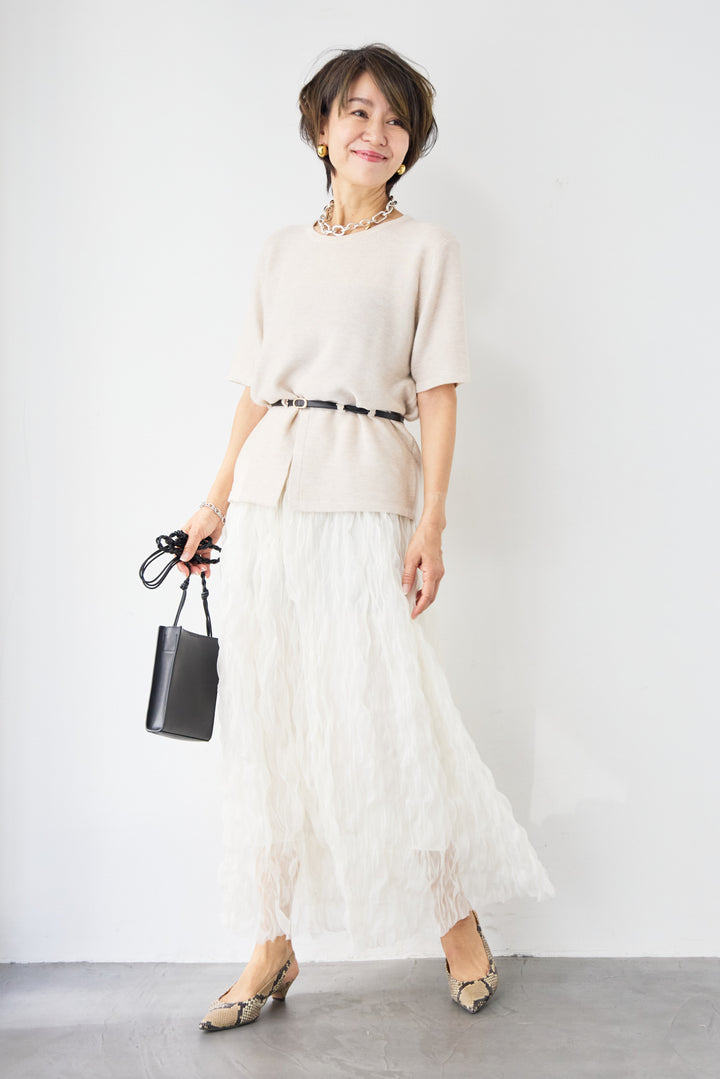【2SET】ウエストベルトニット+ウエーブプリーツチュールスカート