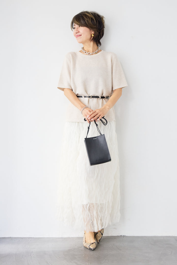 【2SET】ウエストベルトニット+ウエーブプリーツチュールスカート