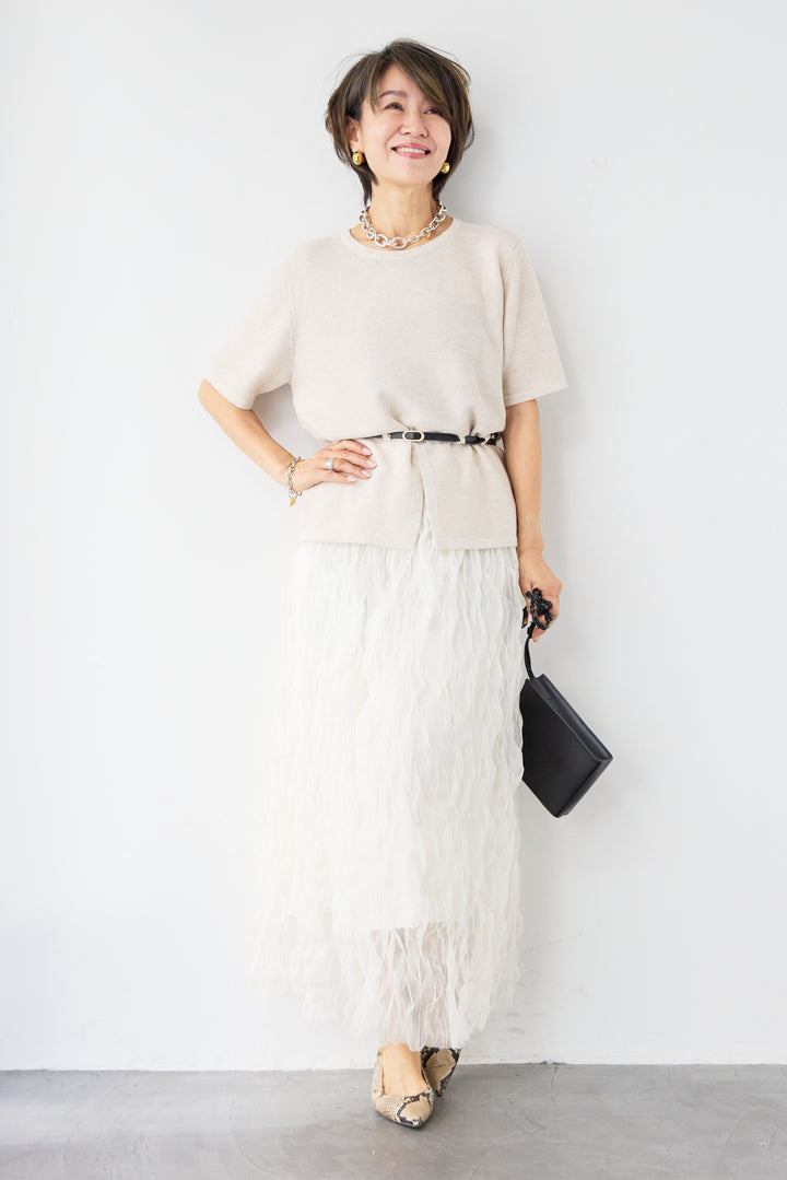 【2SET】ウエストベルトニット+ウエーブプリーツチュールスカート
