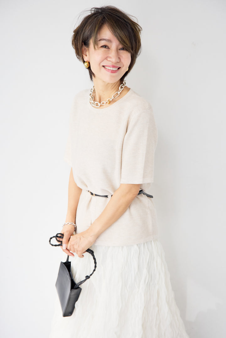 【2SET】ウエストベルトニット+ウエーブプリーツチュールスカート