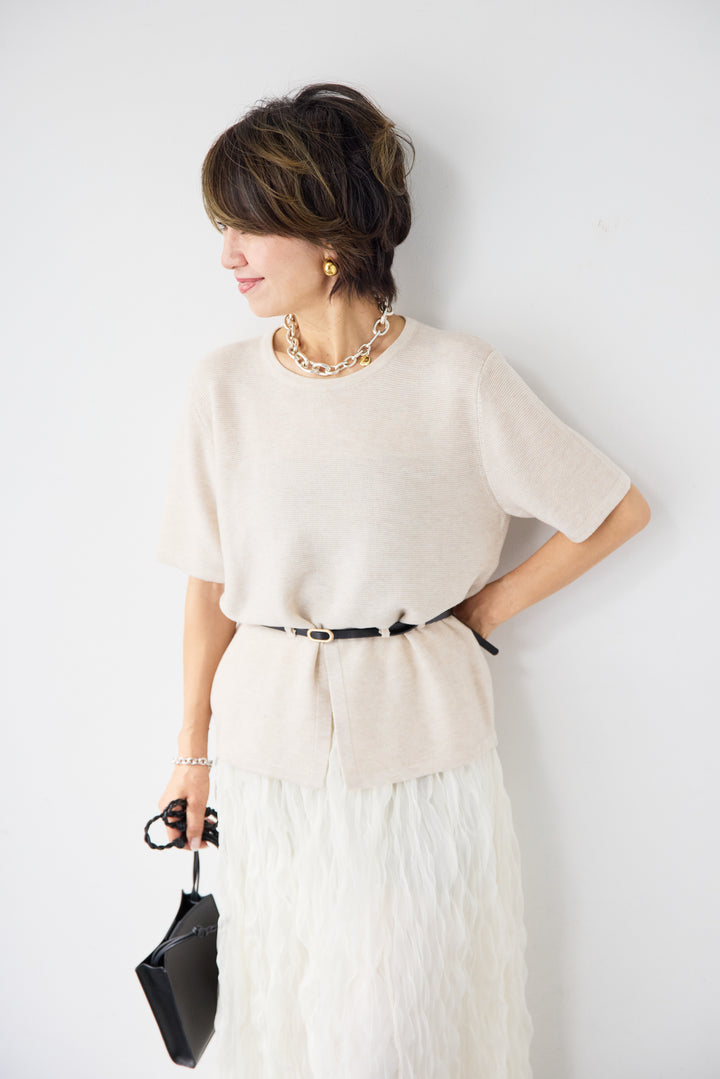 【2SET】ウエストベルトニット+ウエーブプリーツチュールスカート